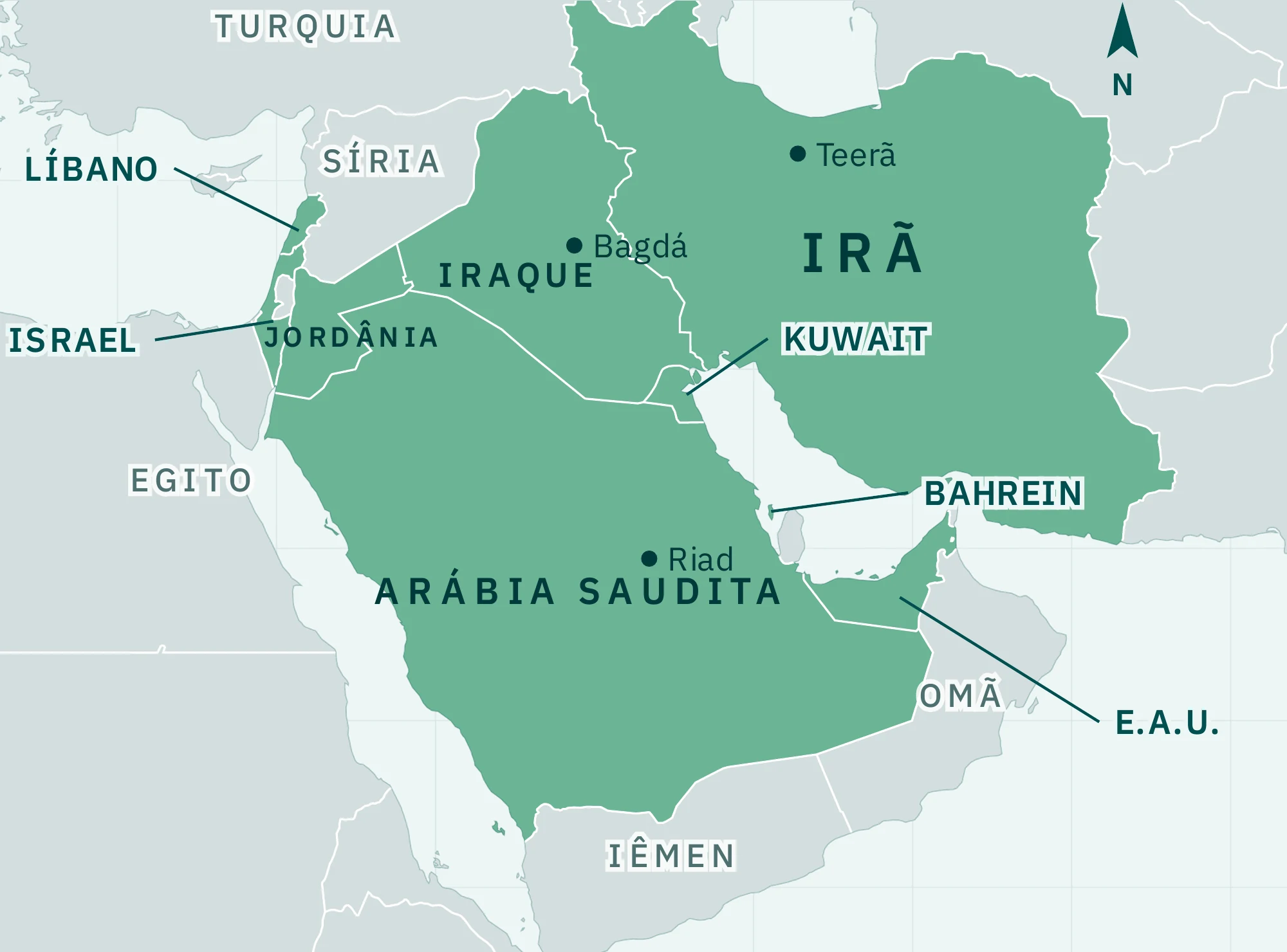 Mapa do Golfo Pérsico com Irã, Iraque, Israel, Jordânia, Líbano, Kuwait, Bahrein, Arábia Saudita e Emirados Árabes Unidos em destaque.